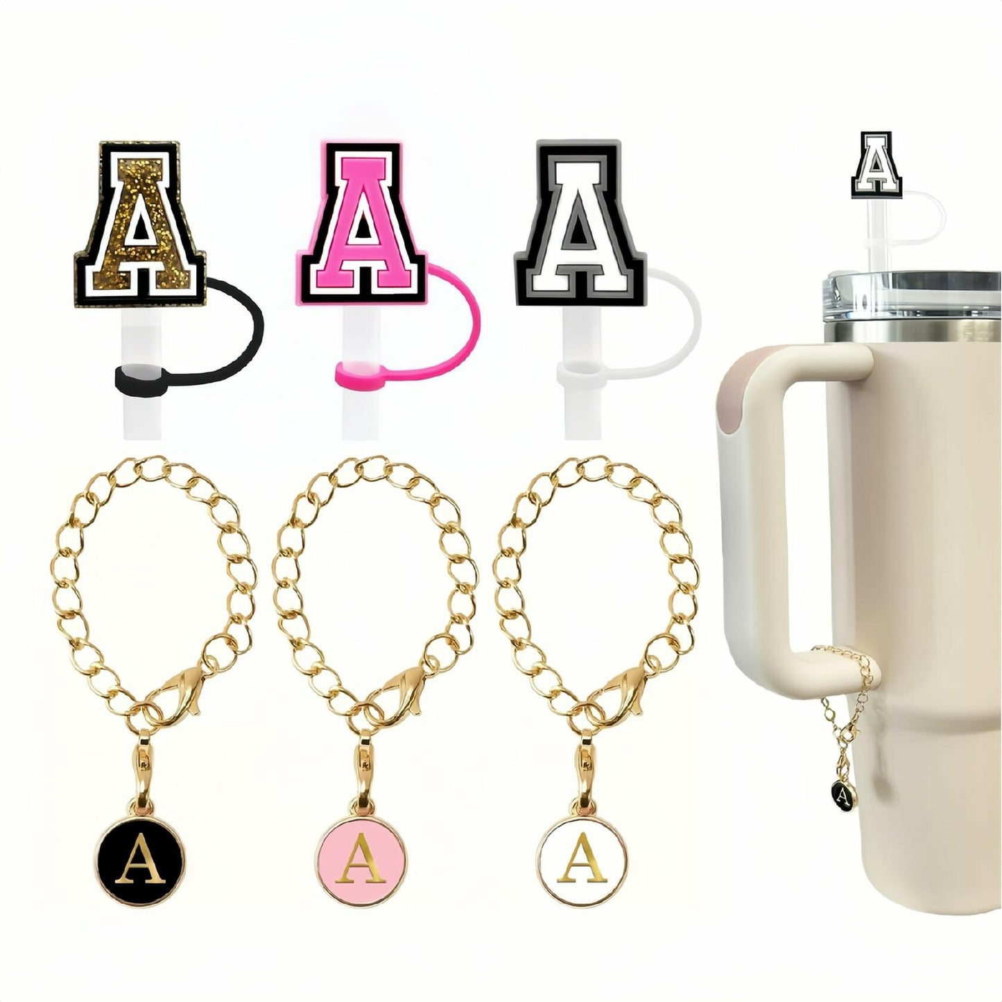 IN Chenthy 3pcs Letter Straw Covers + 3pcs Initial Charms for Stanley 30/40oz