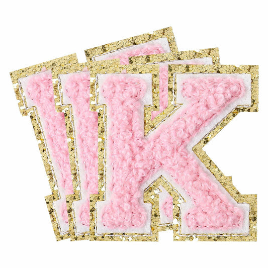 3Pcs Chenille Letter Patches Iron-On Pink 2 Inch Glitter Alphabet K