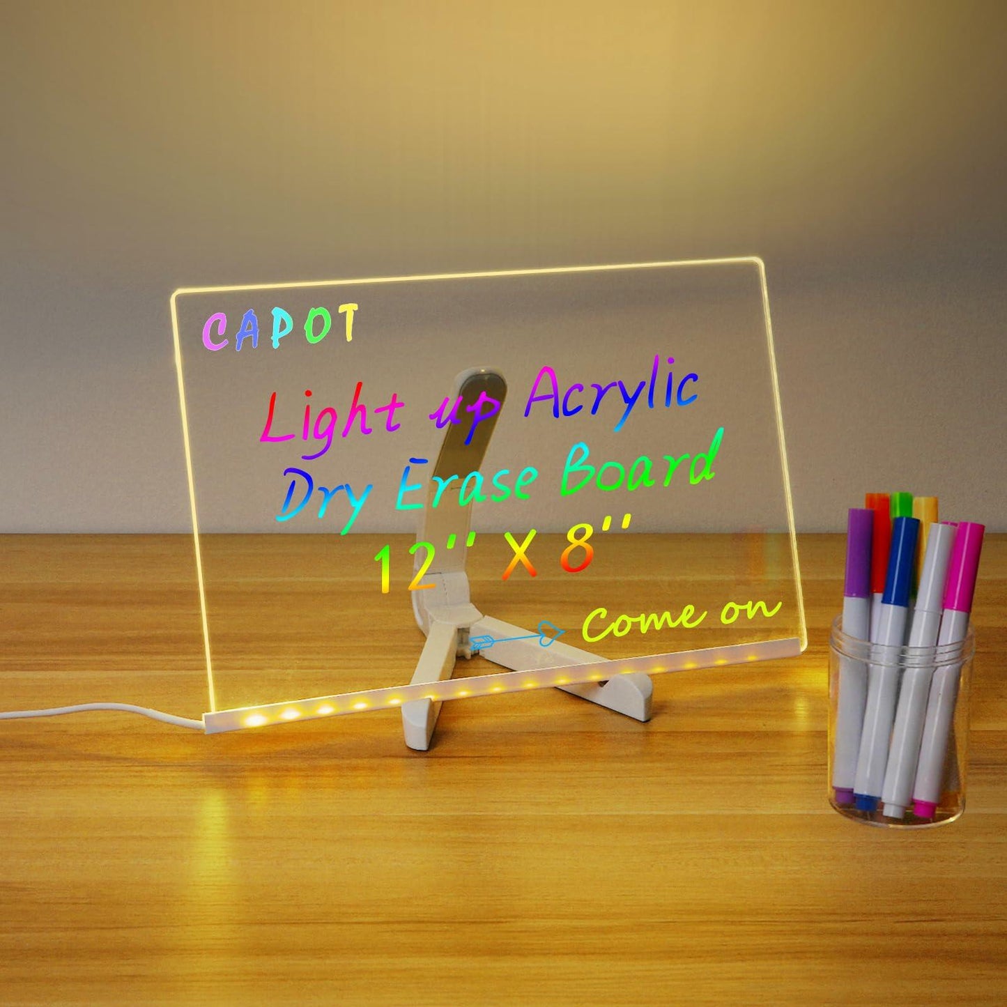[Like_new] Acrylic Dry Erase Board 11.8x7.9" Clear LED Light Up with Stand 7 Markers