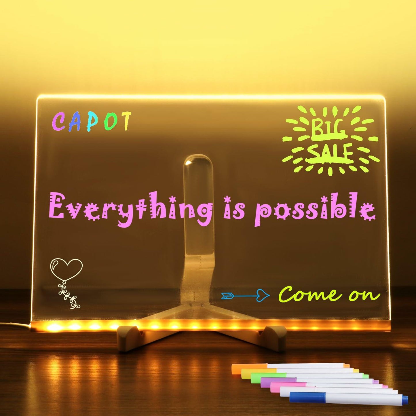 [Like_new] Acrylic Dry Erase Board 11.8x7.9" Clear LED Light Up with Stand 7 Markers
