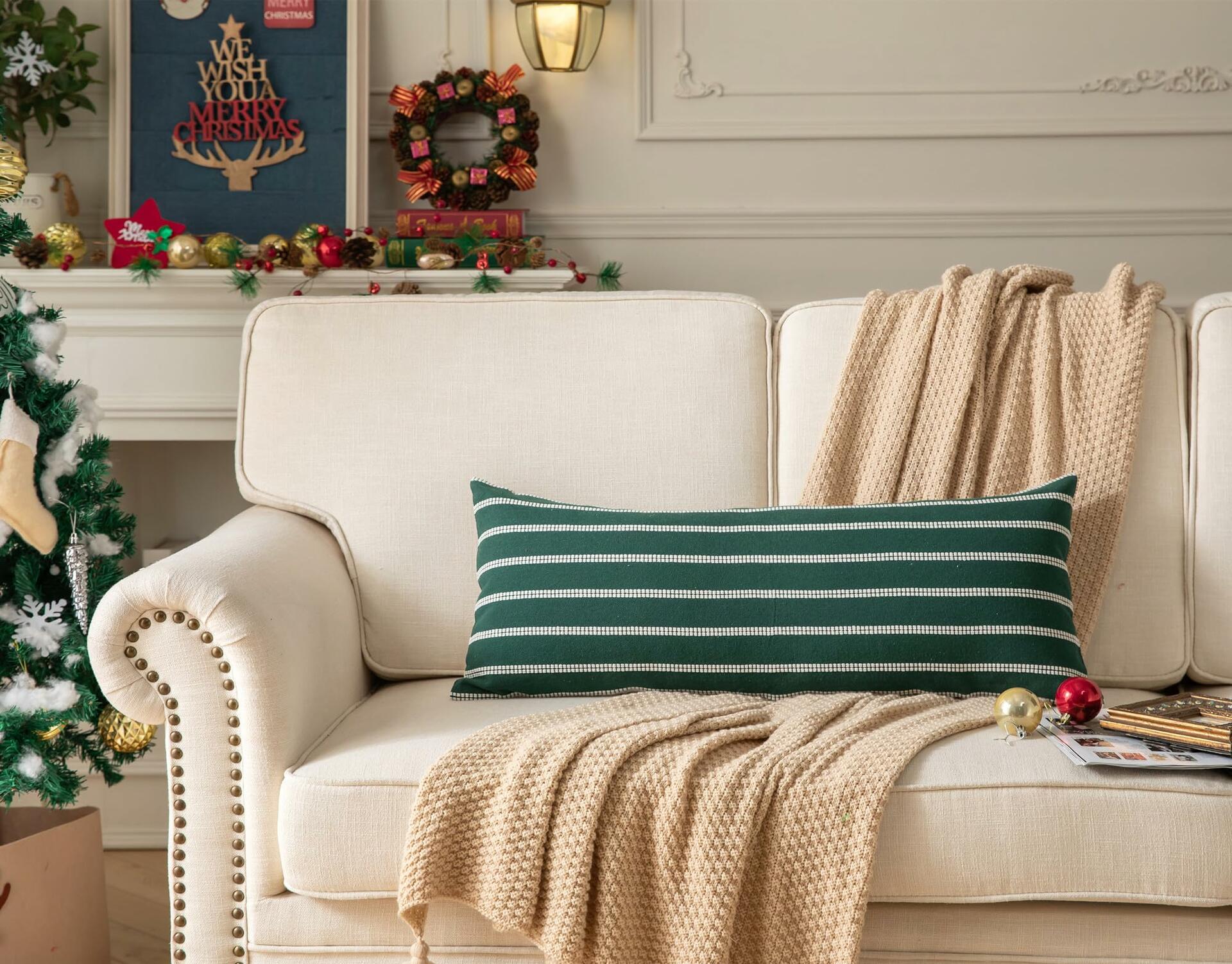 Boho Lumbar Throw Pillow Cover 14x36 Dark Green Striped Pack of 1