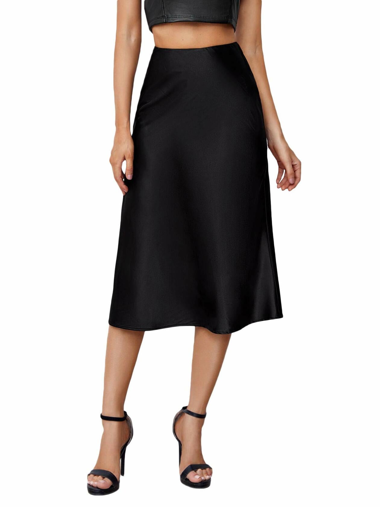 Verdusa Women's Elegant High Waist Satin A Line Flared Midi Skirt Black XL