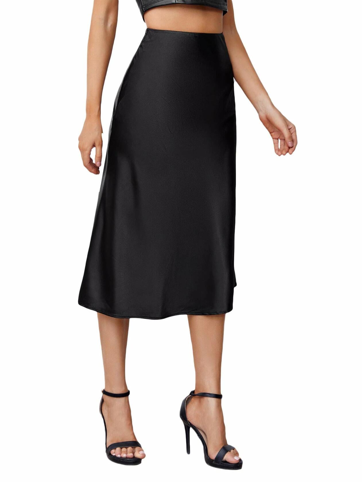 Verdusa Women's Elegant High Waist Satin A Line Flared Midi Skirt Black XL