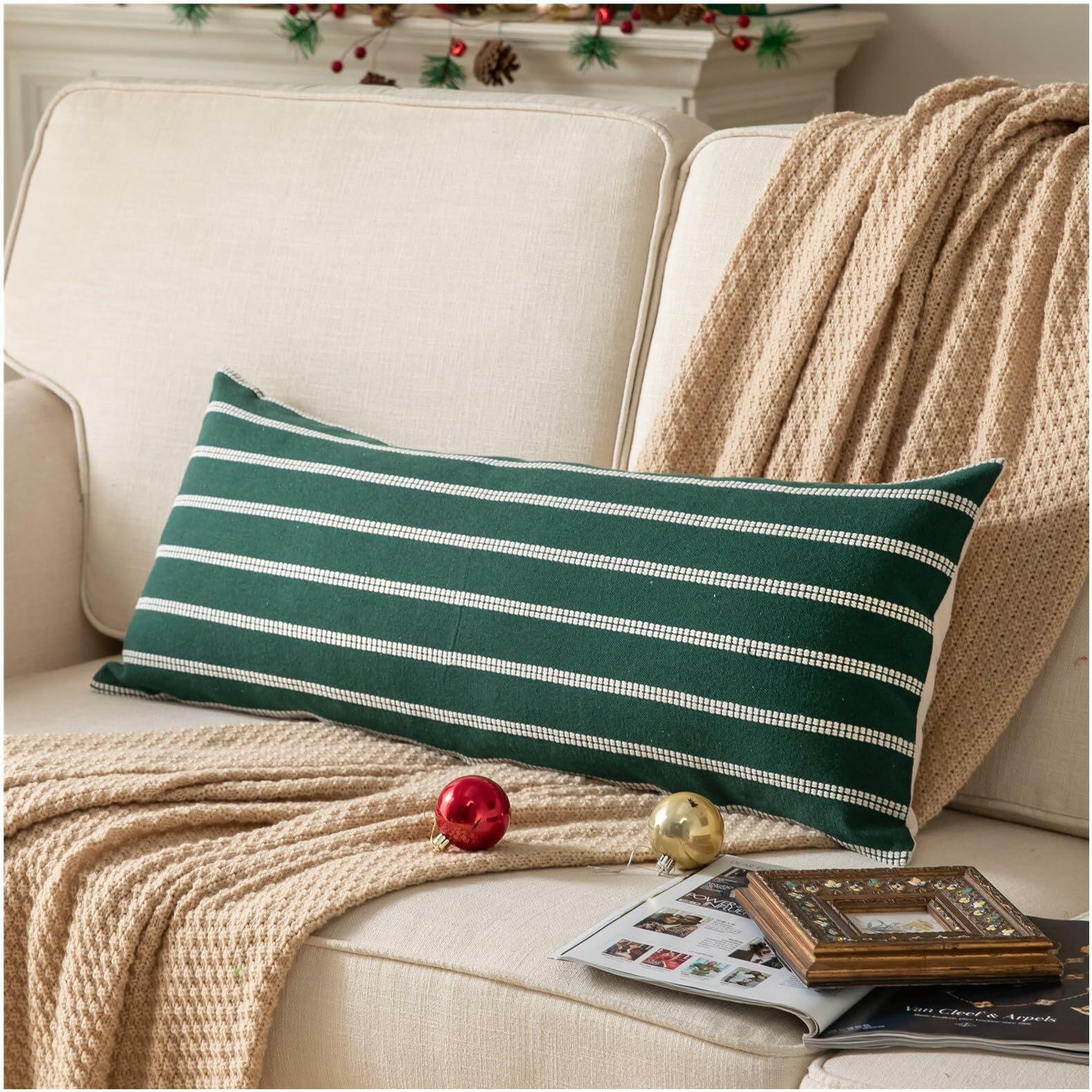 Boho Lumbar Throw Pillow Cover 14x36 Dark Green Striped Pack of 1