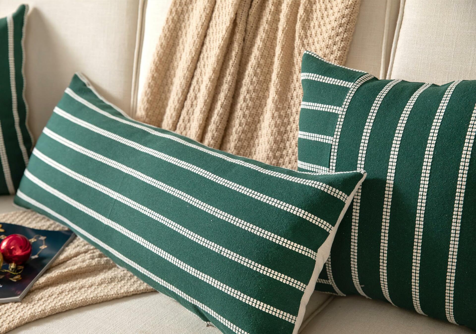 Boho Lumbar Throw Pillow Cover 14x36 Dark Green Striped Pack of 1