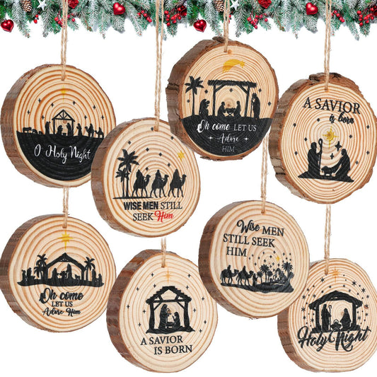Remerry 8 Pieces Wooden Nativity Scene Rustic Christmas Tree Ornaments Decor