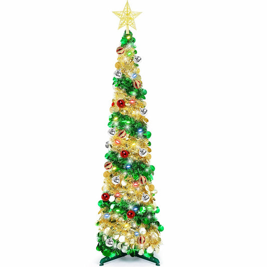 5ft Pop Up Christmas Tinsel Tree w/ Lights Ornaments Collapsible Pencil