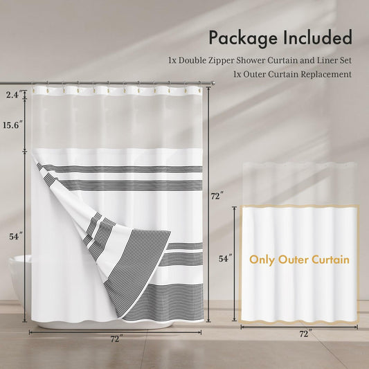 AmazerBath 2 Pack Fabric Shower Curtain with Liner Striped Black White 72x72