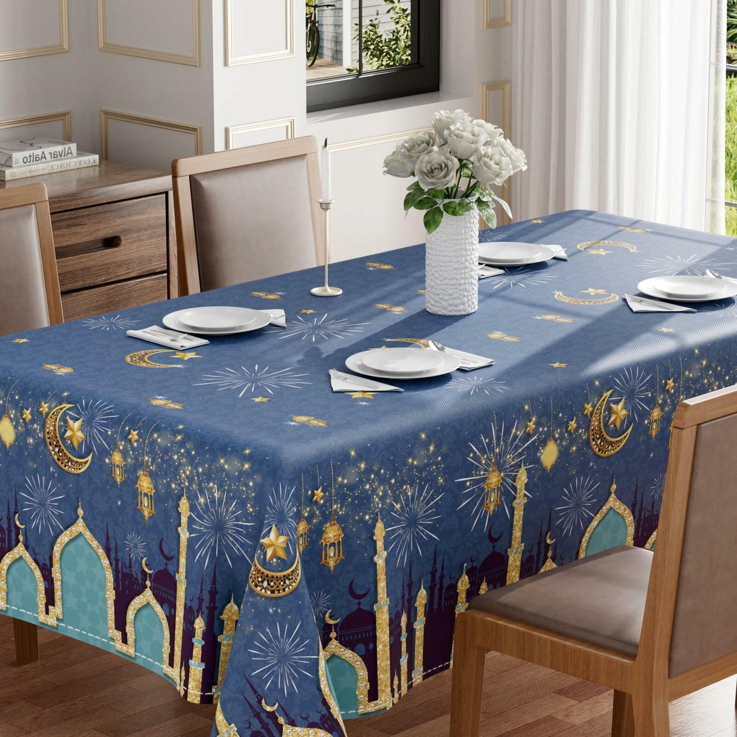 BOTB Eid Al-Fitr Ramadan Green Castle Lantern Tablecloth 70x70 Inch
