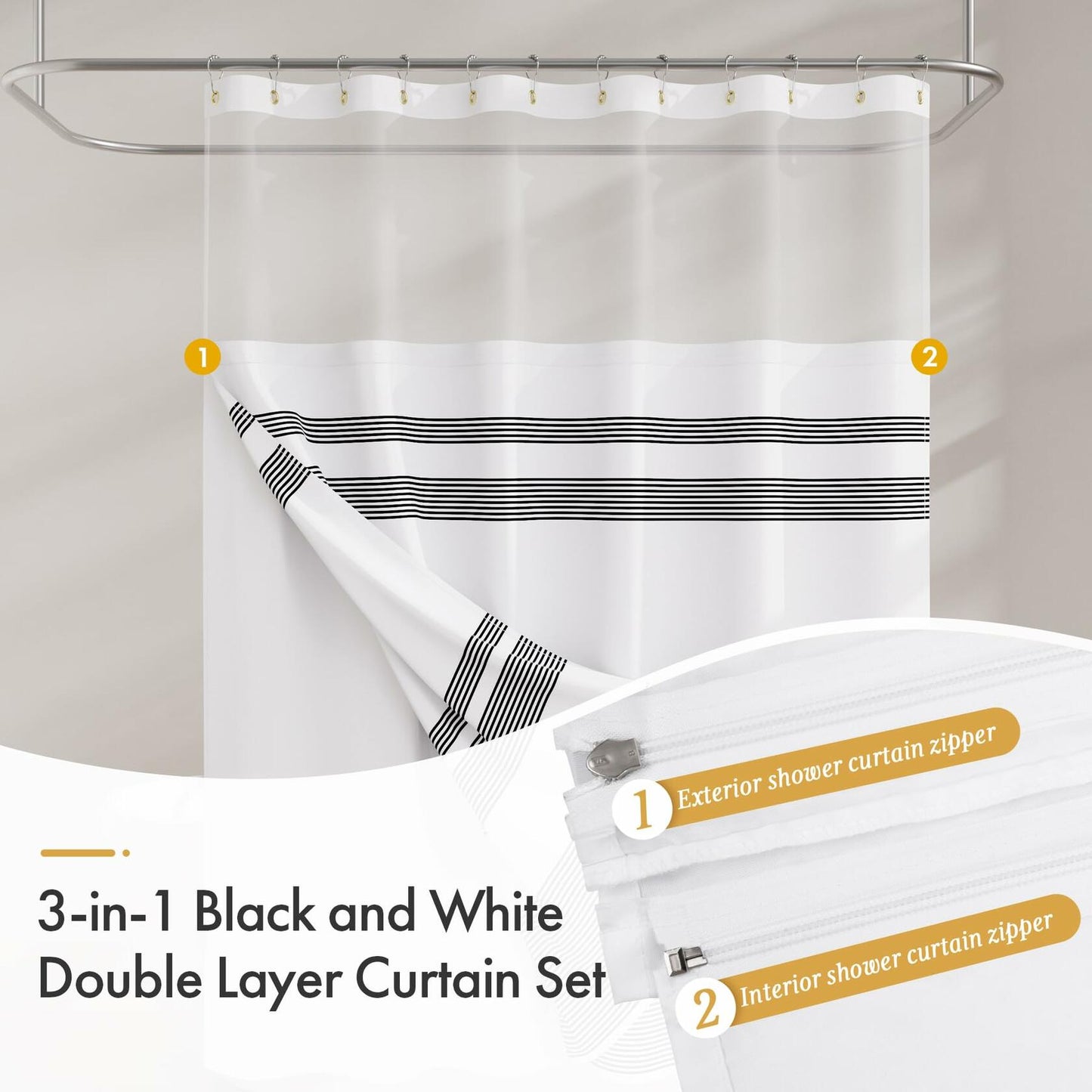 AmazerBath 2 Pack Fabric Shower Curtain with Liner Striped Black White 72x72