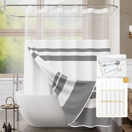 AmazerBath 2 Pack Fabric Shower Curtain with Liner Striped Black White 72x72