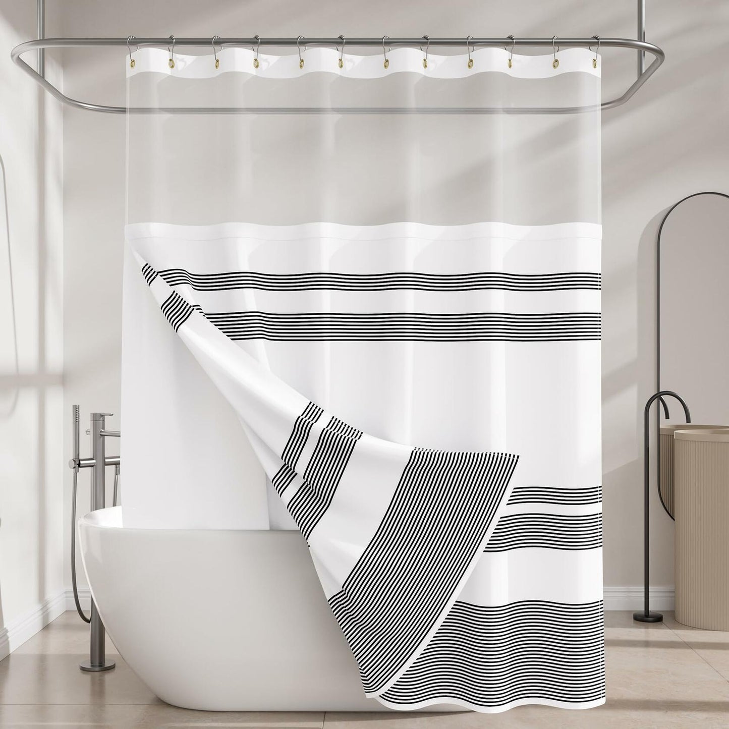 AmazerBath 2 Pack Fabric Shower Curtain with Liner Striped Black White 72x72