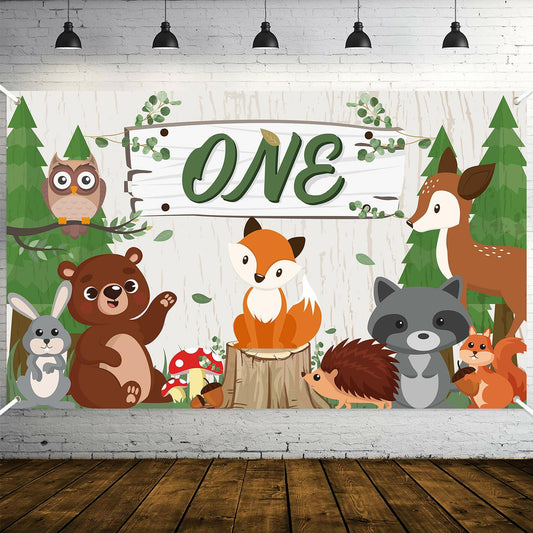 WATINC Woodland Animals Birthday Backdrop Polyester Banner 71x43 Inch