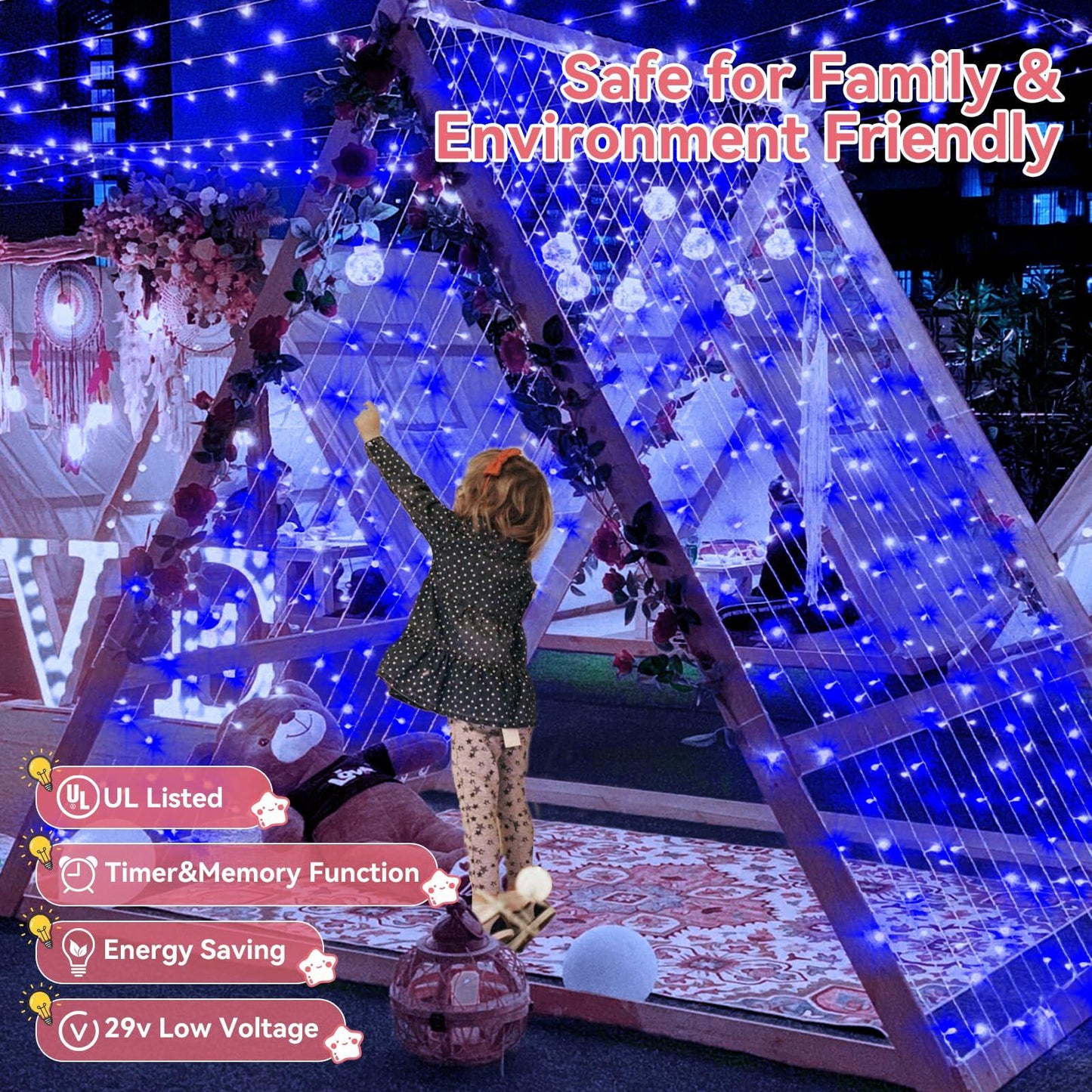 Heceltt 1140 LED 449FT Outdoor String Lights Blue 8 Modes Timer IP44