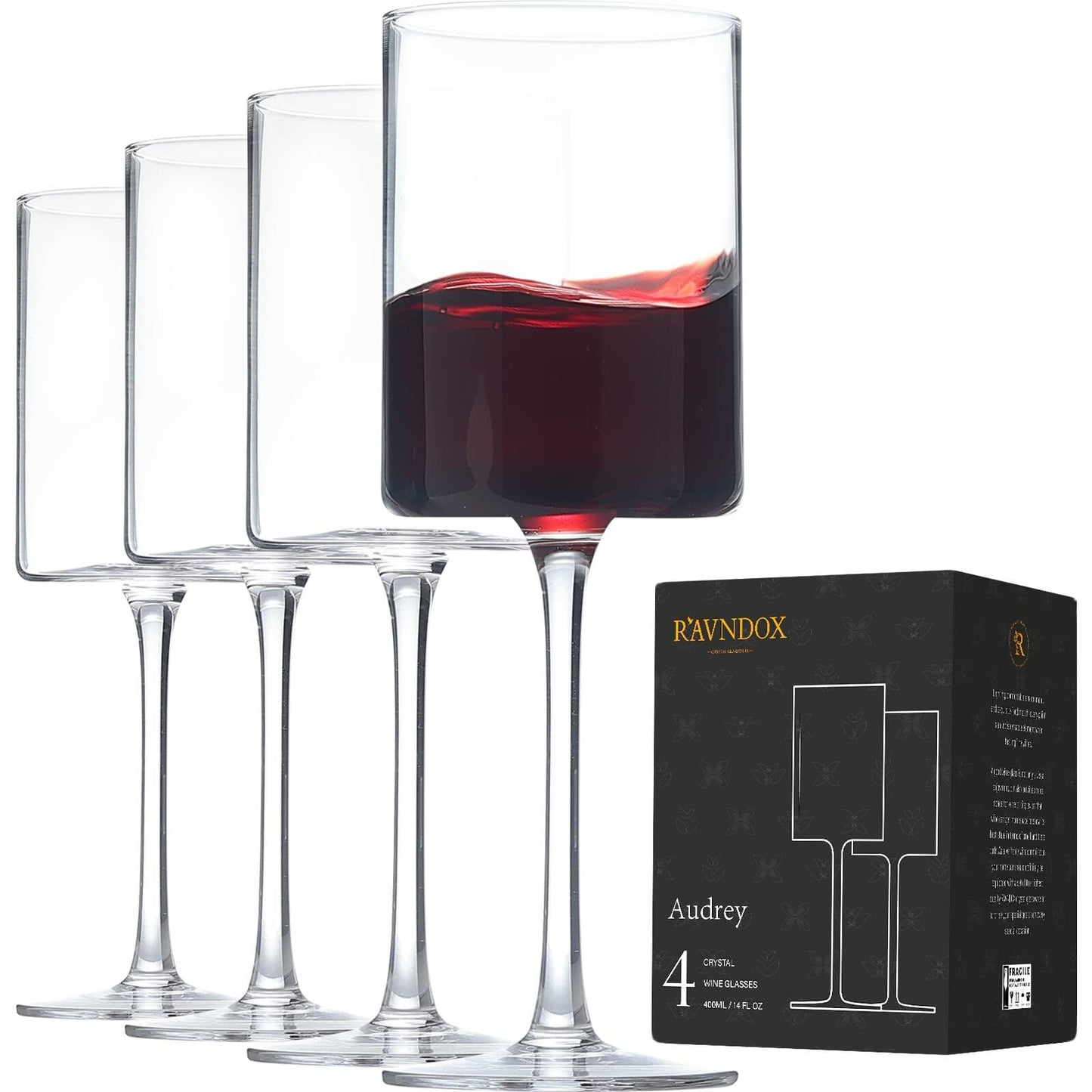 [Like New] RAVNDOX Crystal Wine Glasses Set of 4 14oz Long Stem Red White