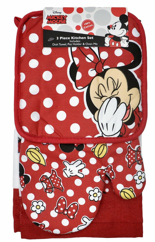 Disney Minnie Mouse Oven Mitt Pot Holder Dish Towel Set Red 3 Pc Kitchen