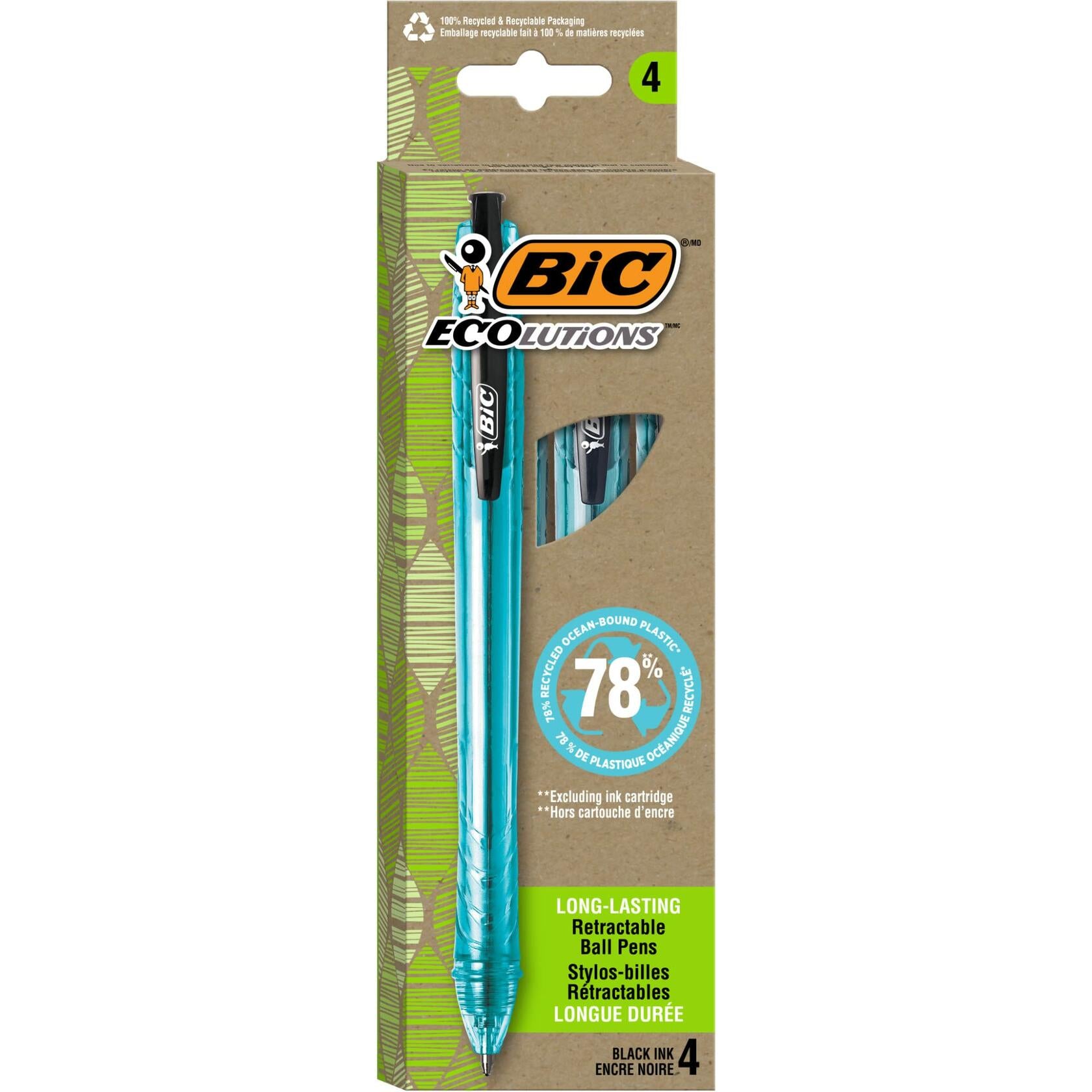 BIC Ecolutions Ocean-Bound Ball Pens Medium Point 1.0mm Black Ink 4-Count