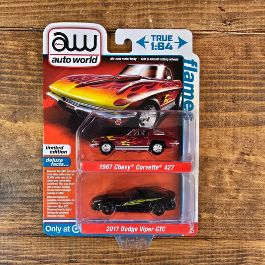Auto World Target 2 Pack Flames 1967 Chevy Corvette 427 & 2017 Dodge Viper 1:64