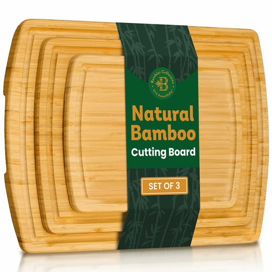 Bambüsi Bamboo Wood Cutting Board Set 3 Pc Natural with Juice Groove Handles