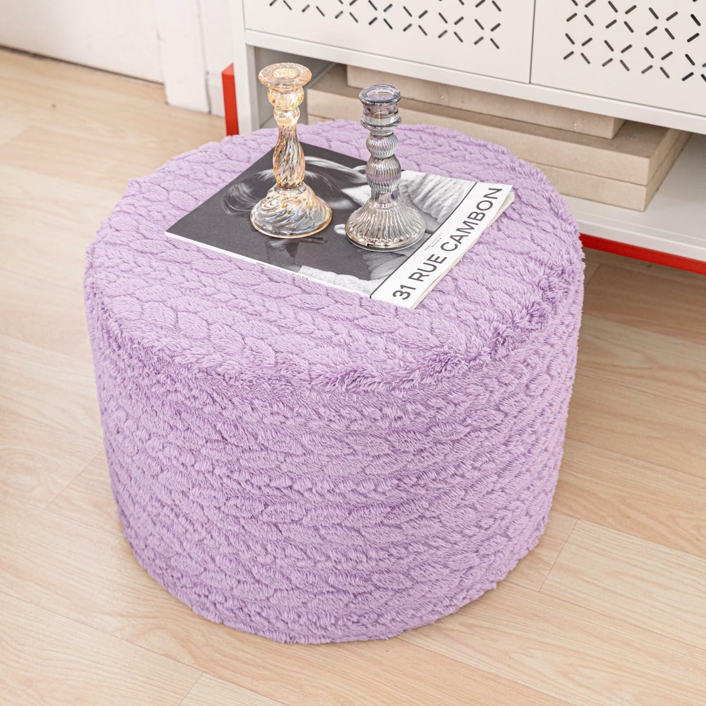 Round Pouf Ottoman 20x20x14in Boho Floor Pouffe Foot Rest Lavender