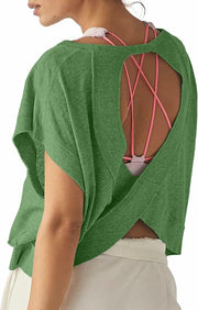 HUEOBIR Women's Backless Loose Workout Yoga T-Shirt Watercress Green Size L