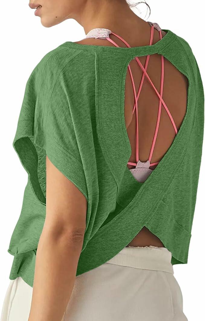 HUEOBIR Women's Backless Loose Workout Yoga T-Shirt Watercress Green Size L