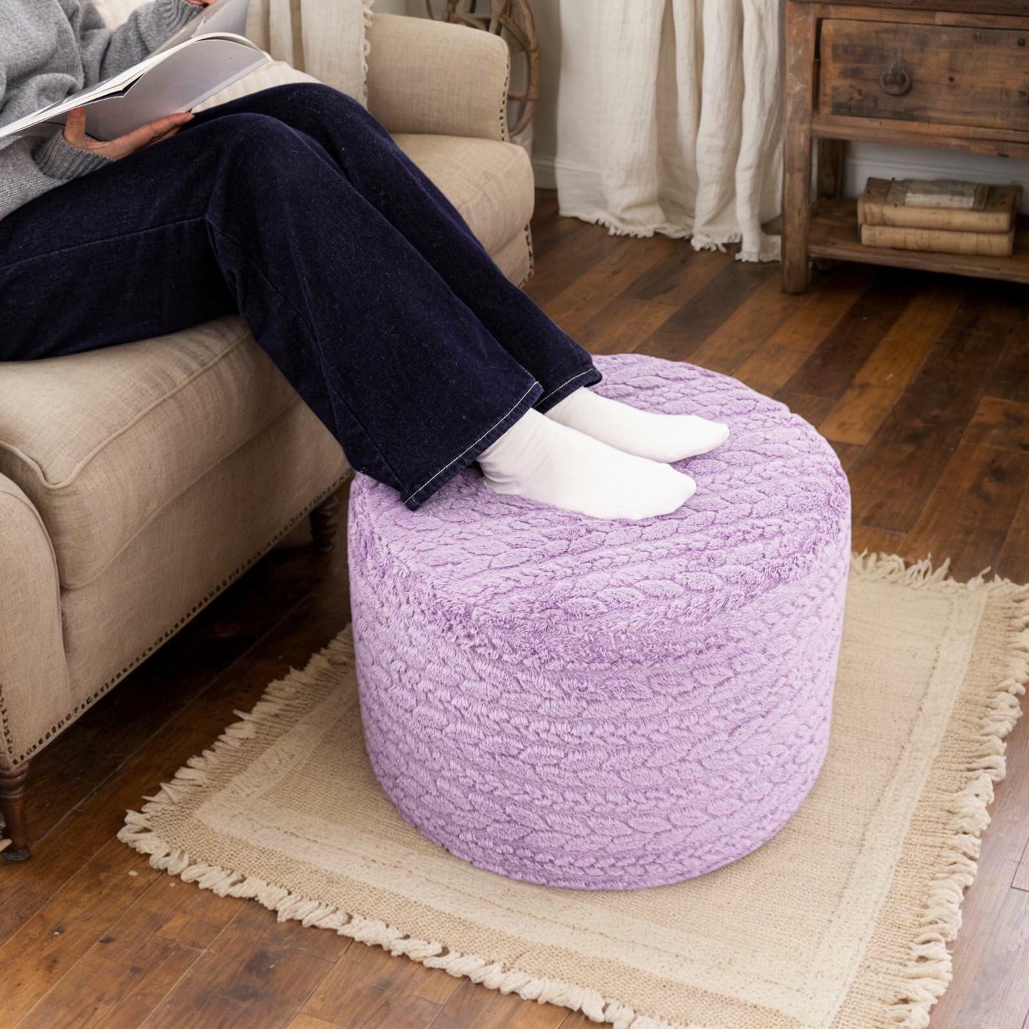 Round Pouf Ottoman 20x20x14in Boho Floor Pouffe Foot Rest Lavender