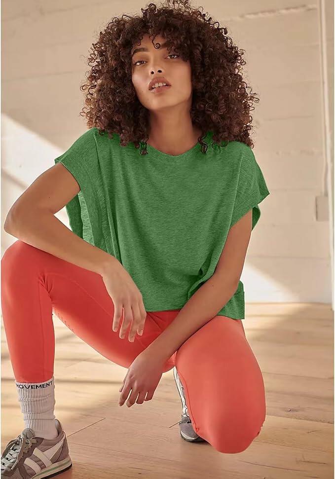 HUEOBIR Women's Backless Loose Workout Yoga T-Shirt Watercress Green Size L