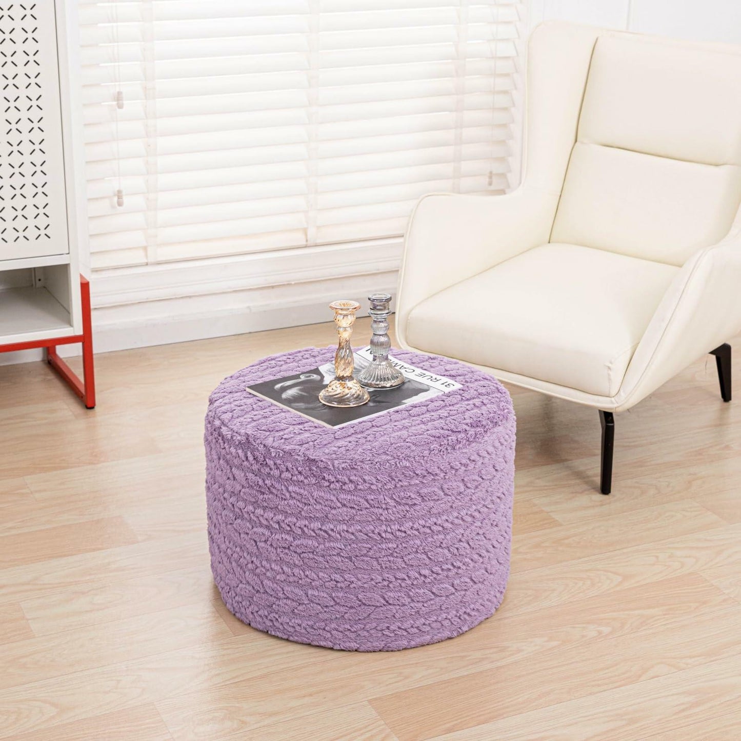 Round Pouf Ottoman 20x20x14in Boho Floor Pouffe Foot Rest Lavender