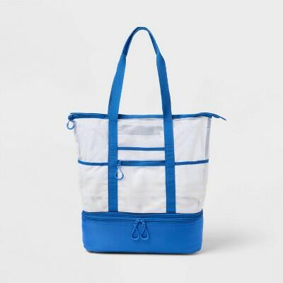 Sun Squad Beach Tote Bag Zipper Bottom Tan Stripe Navy Lining Blue