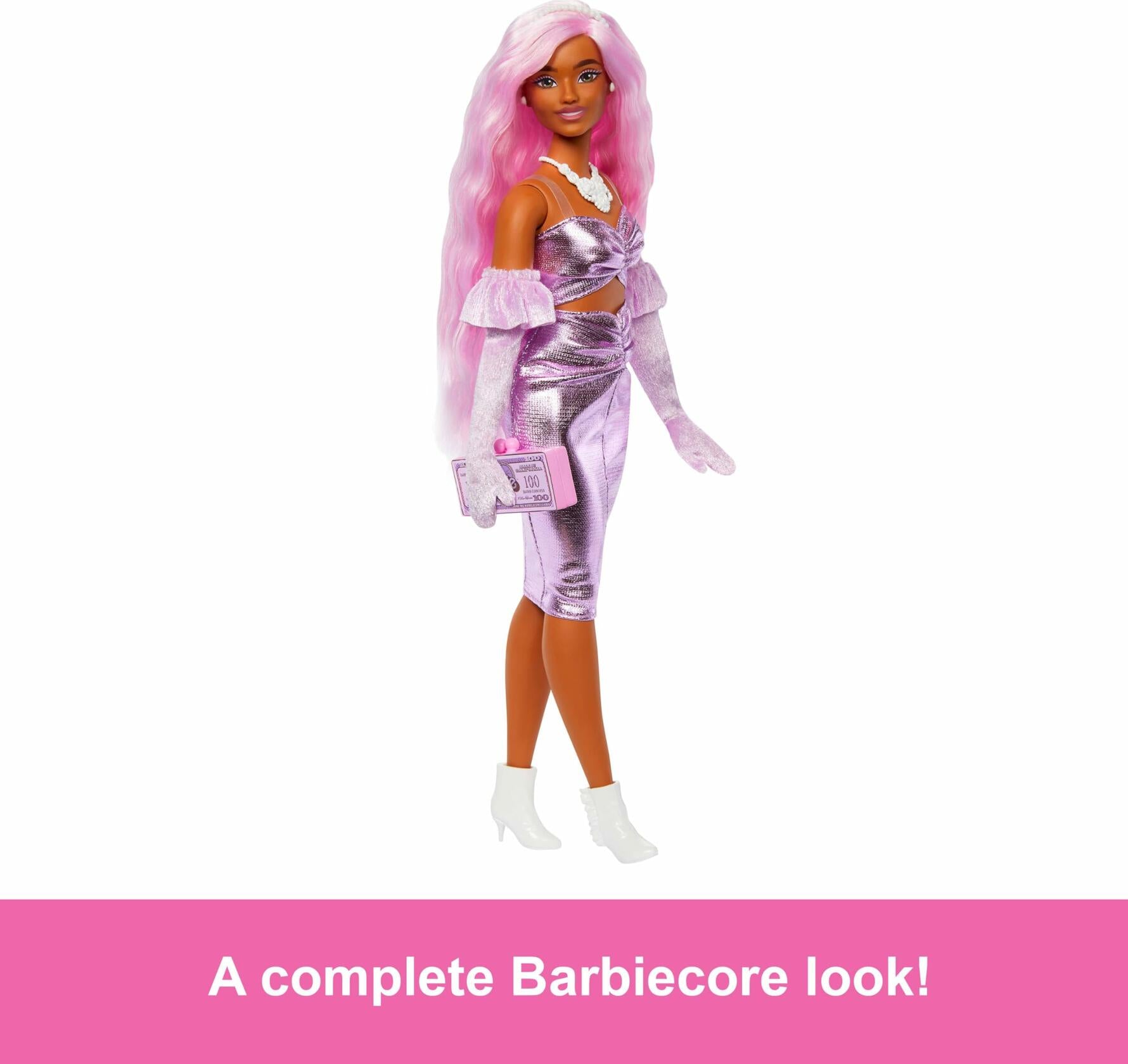 Barbie Deluxe Style Doll #1 Barbiecore Outfit Pink Hair Glossy Pink Dress