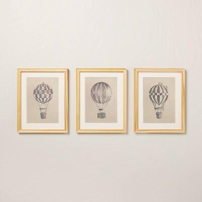 Hearth & Hand Hot Air Balloon Sketch Wall Art 11x14 White Set of 3