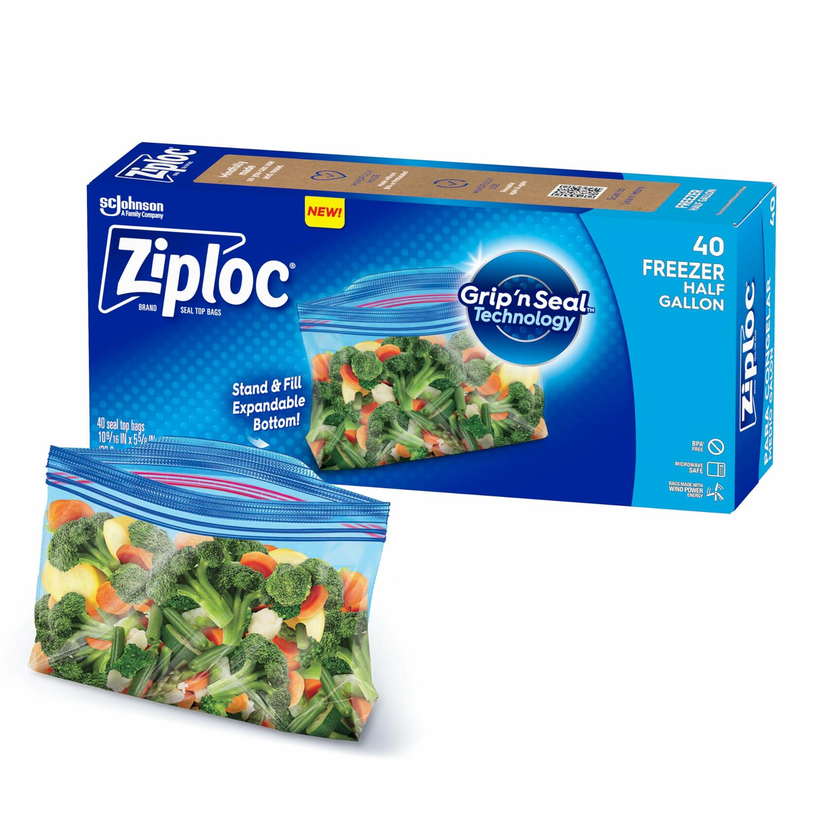 Ziploc Half Gallon Freezer Bags Grip 'n Seal Technology 40 Count
