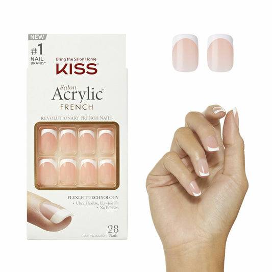 KISS Salon Acrylic Press On Nails Bonjour Nude White 28 Nails Short Squoval