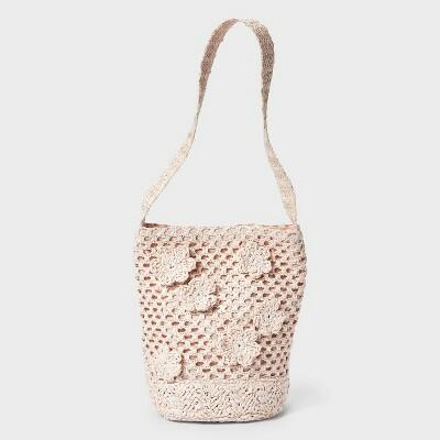 A New Day™ Straw Mini Floral Print Bucket Bag Pink 8.5" Height