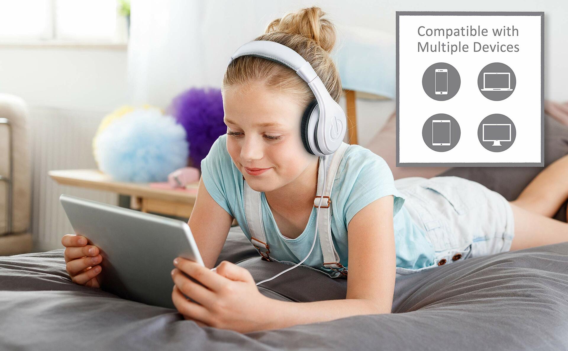 eKids Kids Wired Headphones Stereo Sound Volume Control White Over Ear