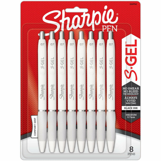Sharpie S-Gel Fashion Barrel Gel Pens 0.7mm Black Ink White Barrel 8 Pack