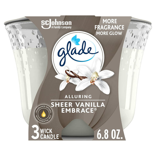 Glade Sheer Vanilla Embrace 3-Wick Candle 6.8 Oz White Floral Scent