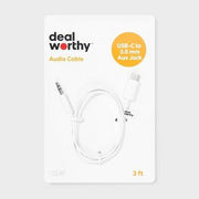 dealworthy USB-C to AUX Cable 3' Male-to-Male 3.5mm Jack White