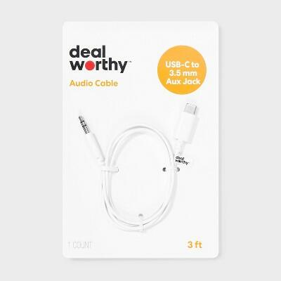 dealworthy USB-C to AUX Cable 3' Male-to-Male 3.5mm Jack White