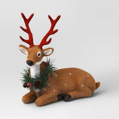 Wondershop Flocked Sitting Deer Christmas Figurine Brown Faux Greenery