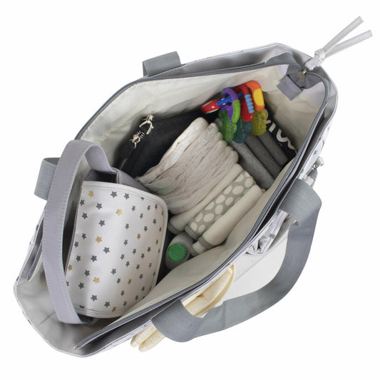 Baby Essentials Diaper Bag Tote 5PC Set Grey Cream Sun Moon Stars