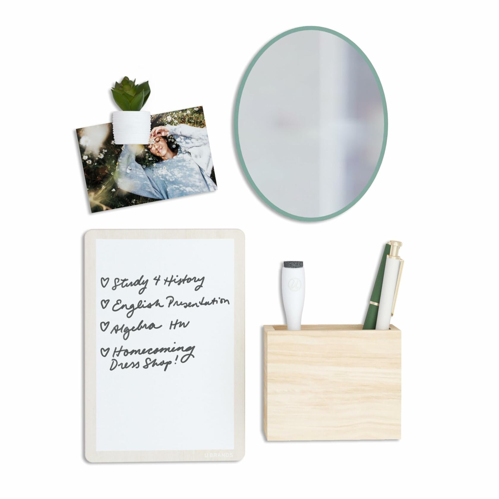 U Brands Magnetic Locker Garden Accessories Kit 5pc Boho Sage Whiteboard Mirror