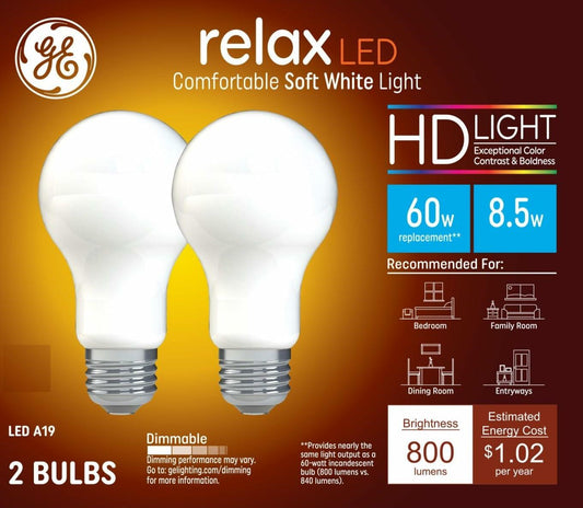 GE Relax HD LED 60W Soft White A19 Bulbs Dimmable 2 Pack