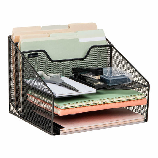 Mind Reader Metal Mesh 3-Tier Desktop File Organizer 5 Compartments Black