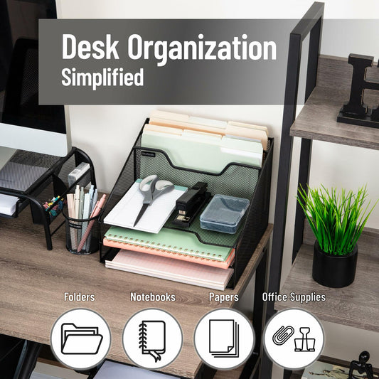Mind Reader Metal Mesh 3-Tier Desktop File Organizer 5 Compartments Black