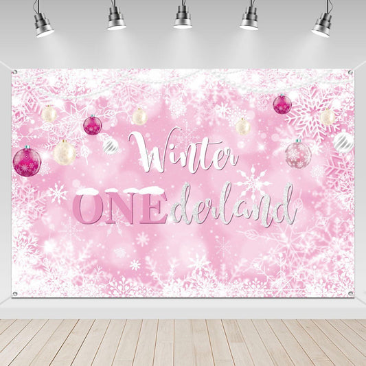 Winter Onederland First Birthday Banner Snowflake Backdrop 70.9x43.3 Pink