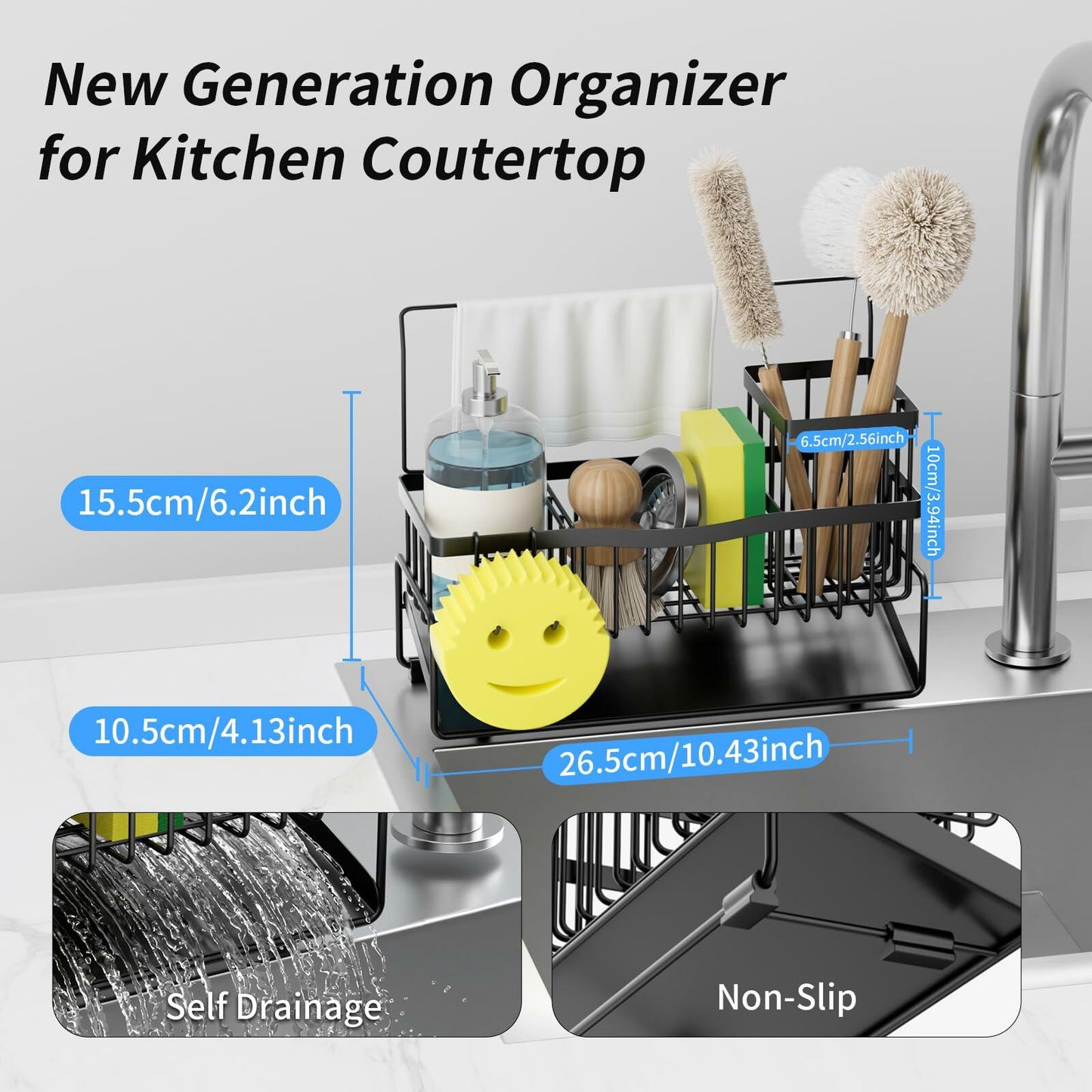 304 Stainless Steel Sponge Holder Kitchen Sink Caddy Black Self-Draining