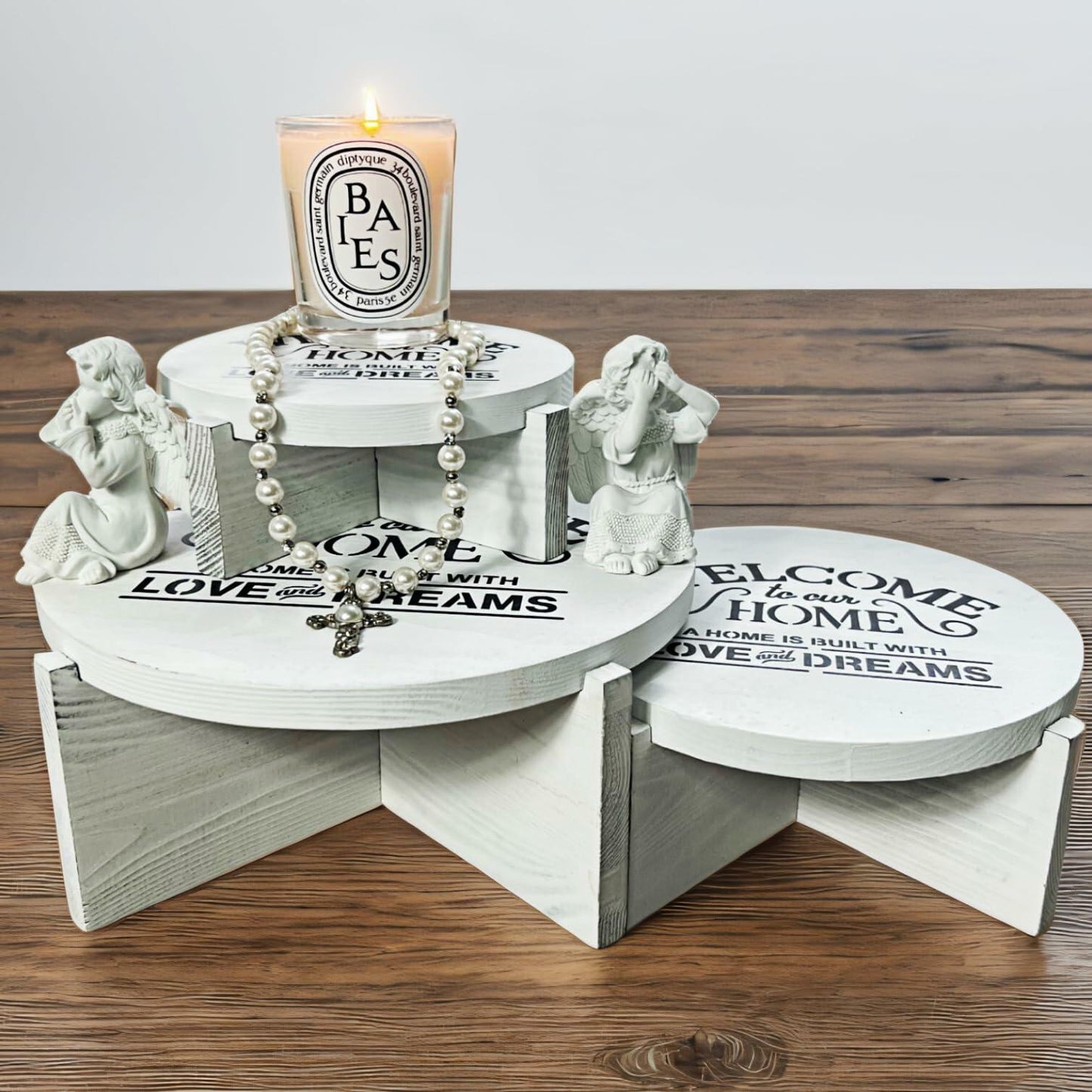 Wood Round Display Riser Set 3 PCS Large 10/8/6 White Farmhouse Decor