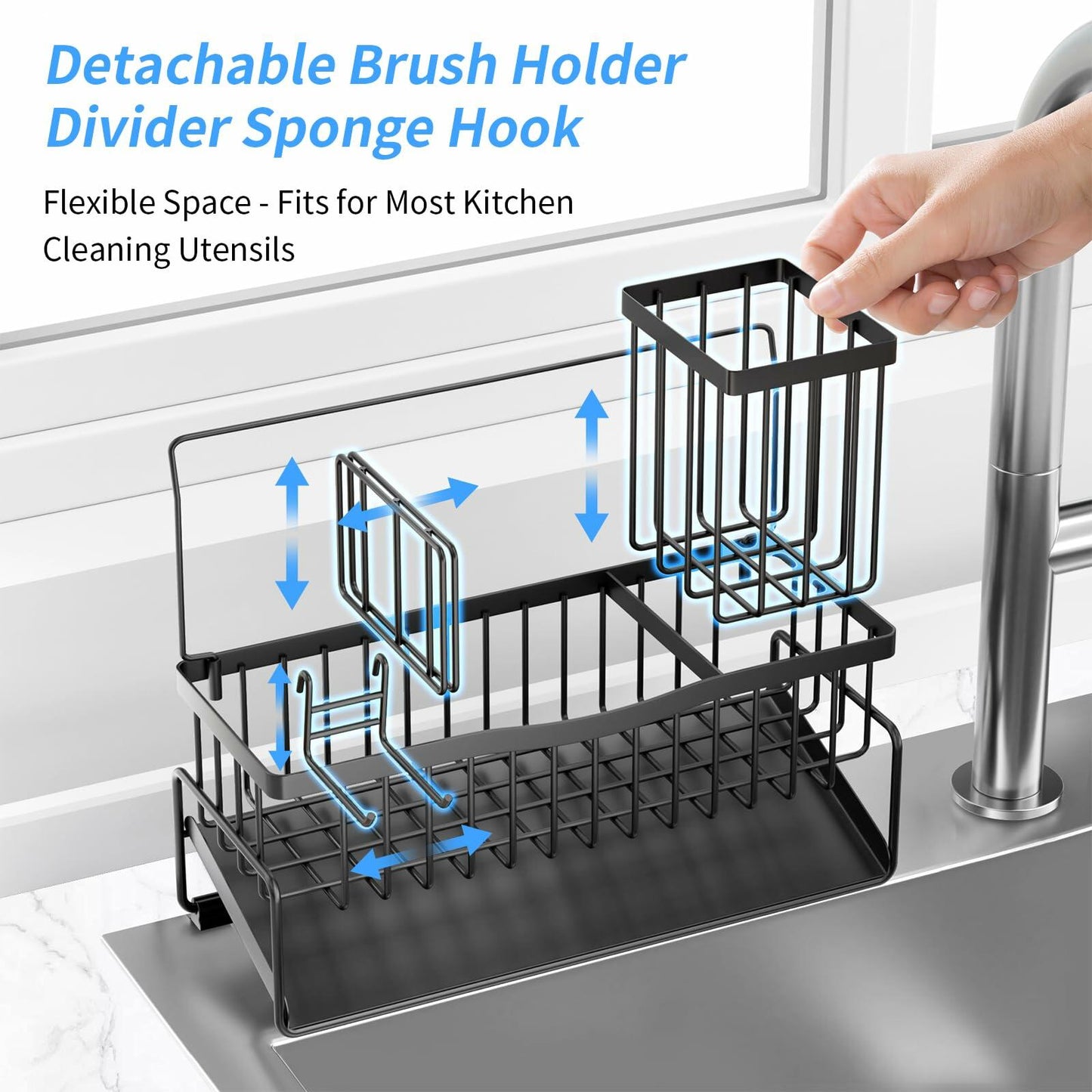 304 Stainless Steel Sponge Holder Kitchen Sink Caddy Black Self-Draining